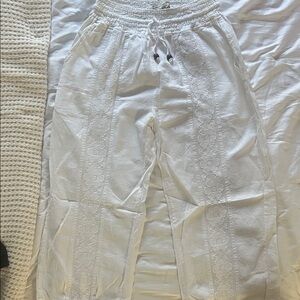 Women's White Crochet-Trim Drawstring Pants